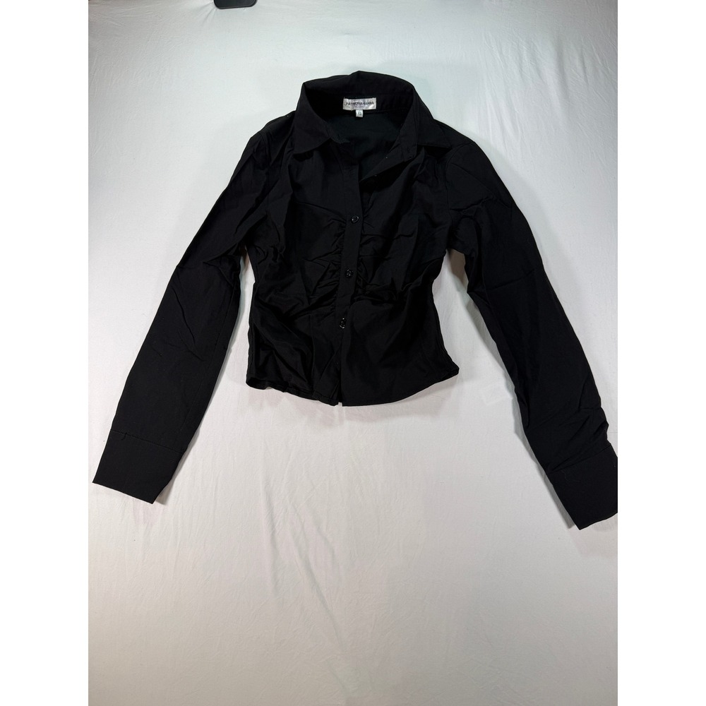 Patrizia Luca Milano Button Up‎ Blouse Women's Size XS Black Long Sleeve Ruched